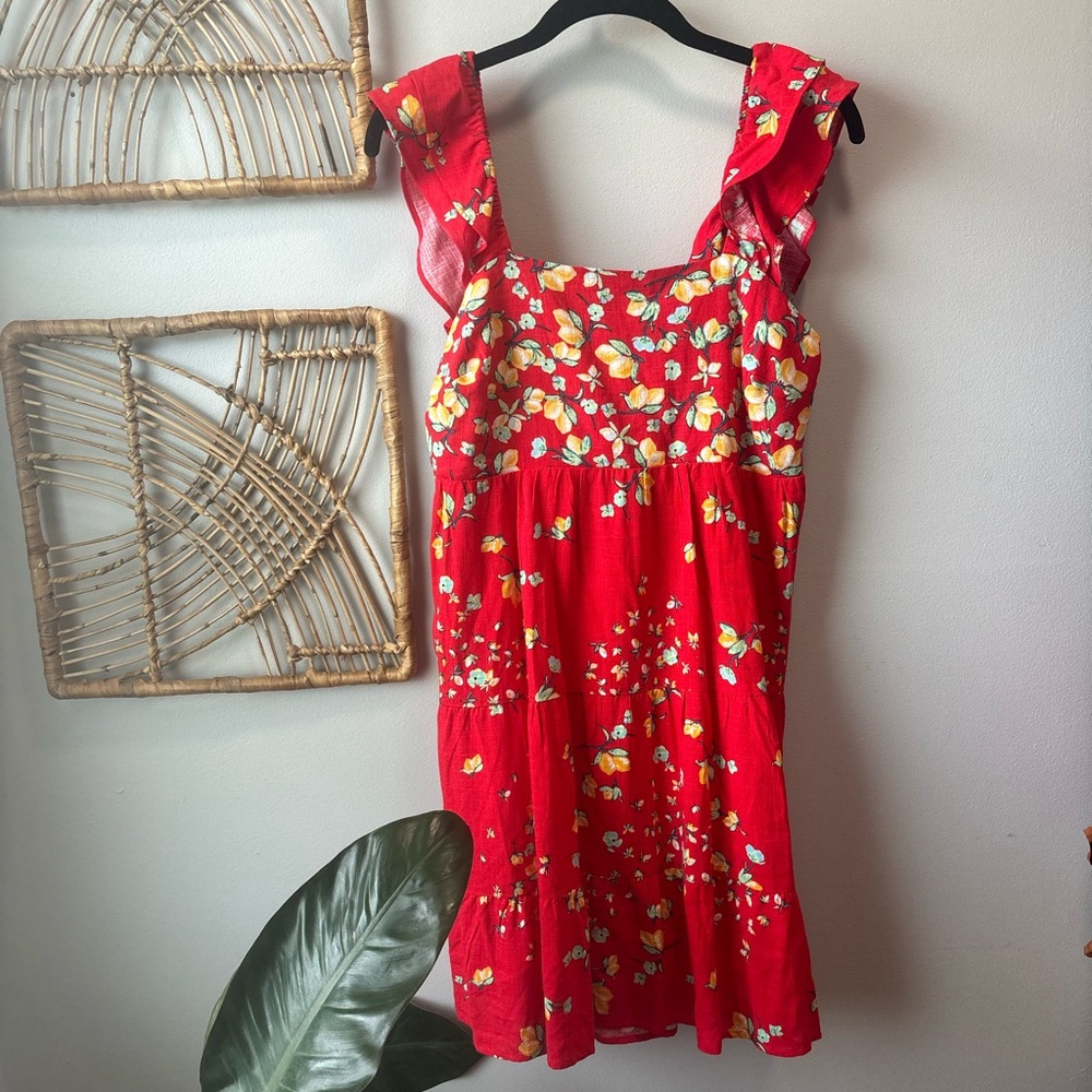 NWT Lauren Conrad | Red Mini Dress with Lemons | Open Back with Bow | Size S